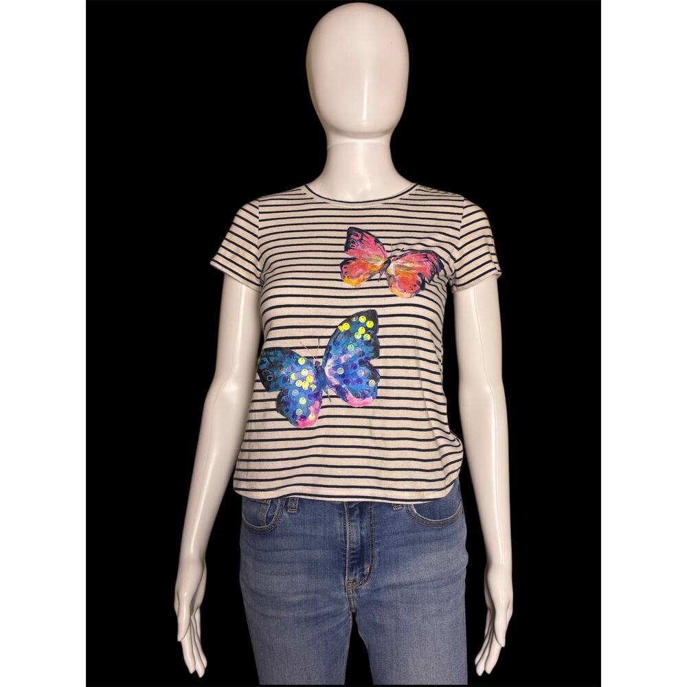 Wonder Nation Black & White Stripes Sequin Butterflies T-Shirt Girls Large 10-12